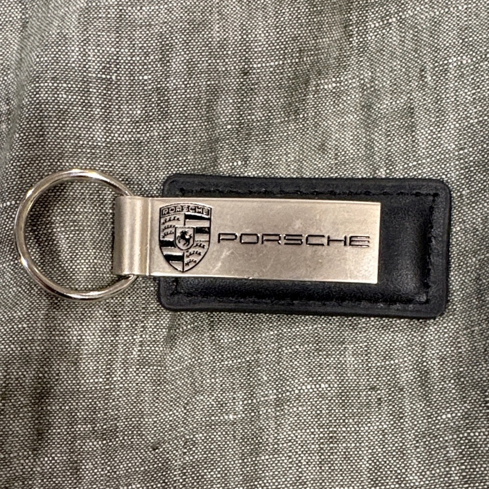 Porsche Black Leather & Silver Metal Keyring